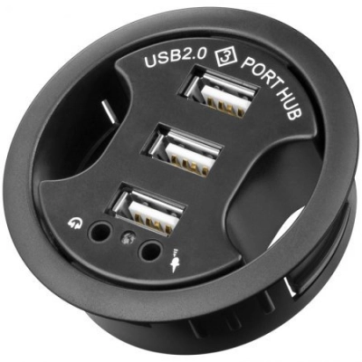 Juhtmete läbiviik töölauale must 60mm 3-port USB hub audio