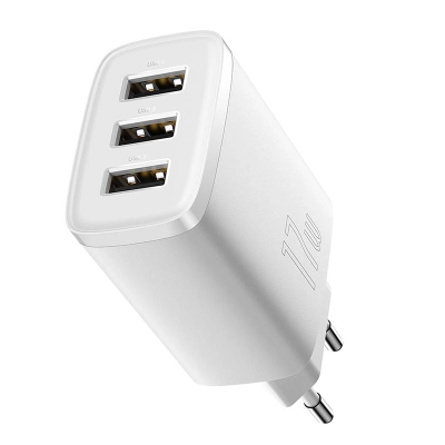 Baseus Compact Quick Charger, 3x USB, 17W, White