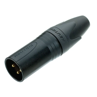 3 pole male cable connector with black metal housing and gold contacts