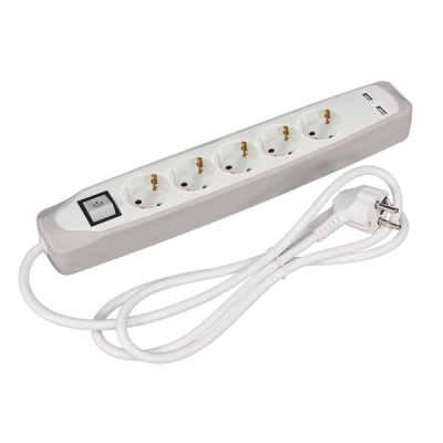 5-pesa ja lülitiga pikendusmoodul - 2 USB porti - hall/valge - SCHUKO