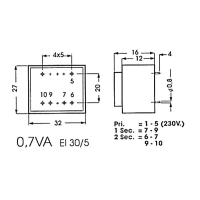 Korpusega trafo:  0.7VA 1 x 15V / 1 x 0.046A