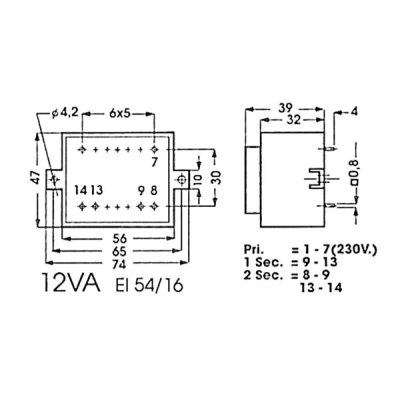 Korpusega trafo:  12VA 1 x 12V / 1 x 1.000A