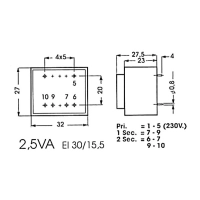 Korpusega trafo:  2.5VA  2 x 12V / 2 x 0.104A